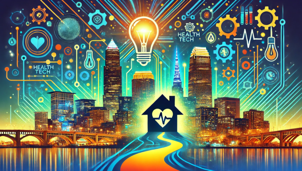 A vibrant and modern illustration of Cleveland and Akron skylines merging together, overlaid with symbols of innovation such as light bulbs, gears, and healthtech icons. A glowing path extends from a small home symbol in the foreground toward the city, representing the journey "back home." The image features dynamic colors of deep blues, greens, and golds, evoking growth, reinvention, and connection.