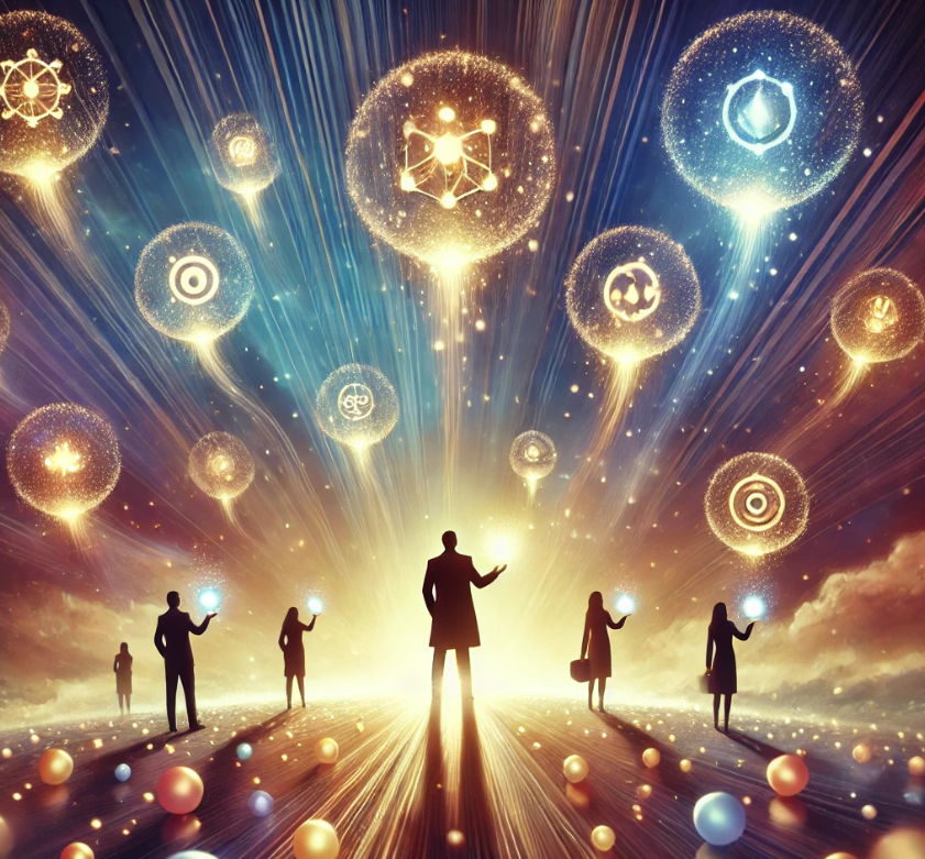 A surreal and inspiring image of a leader standing on a glowing, illuminated pathway surrounded by floating orbs, each orb containing symbols of aspirations like creativity, strength, and connection. The leader's silhouette radiates light outward, linking to smaller silhouettes of people holding their own glowing orbs. The background features a dreamy mix of soft blues, purples, and golds, evoking a cosmic and empowering atmosphere of growth and leadership.